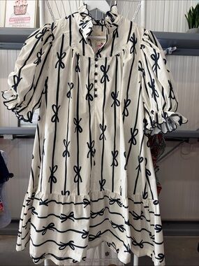 Umgee Black Bow-Print Cream Puff-Sleeve Dress